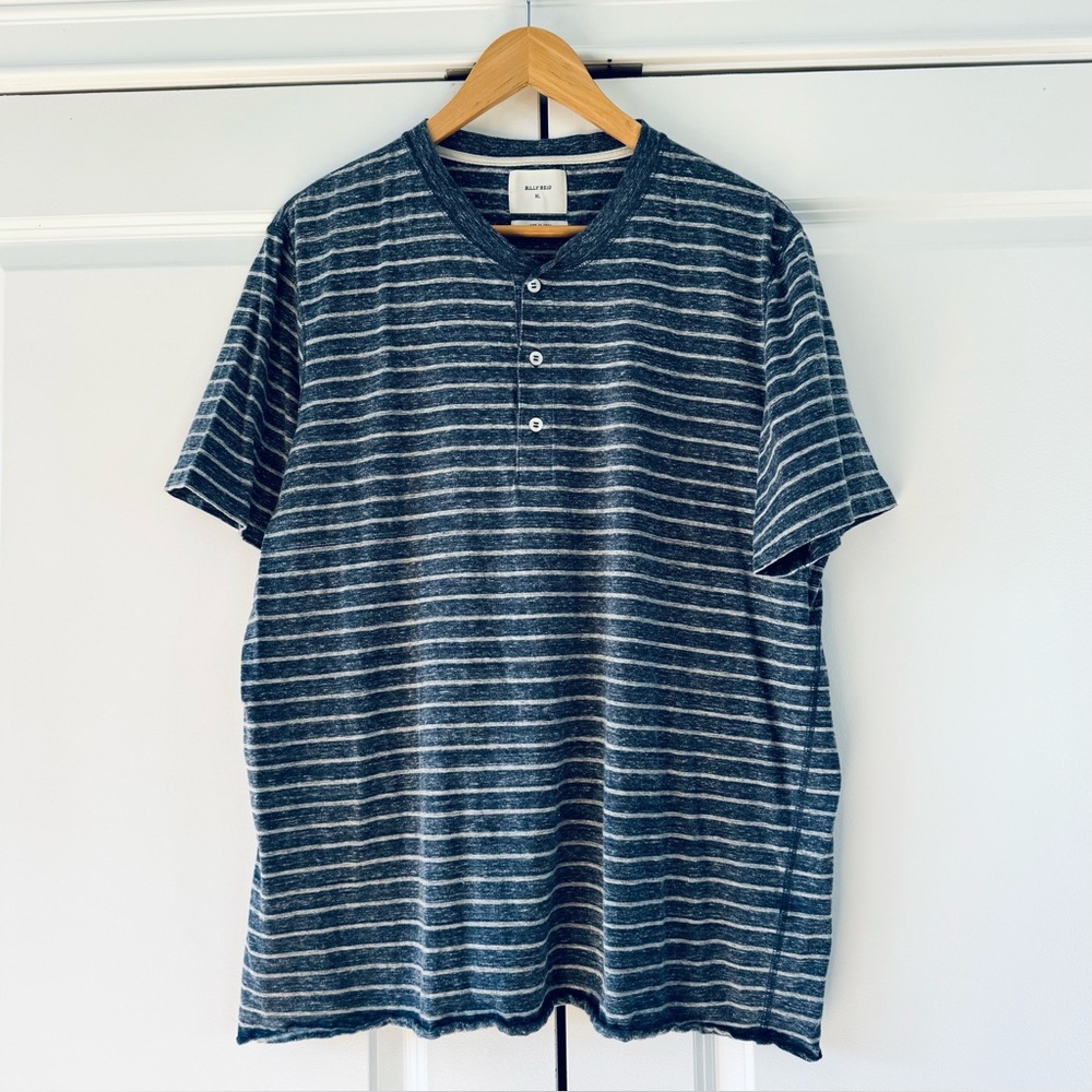 Billy Reid Henley t shirt short sleeved striped cotton navy gray size XL